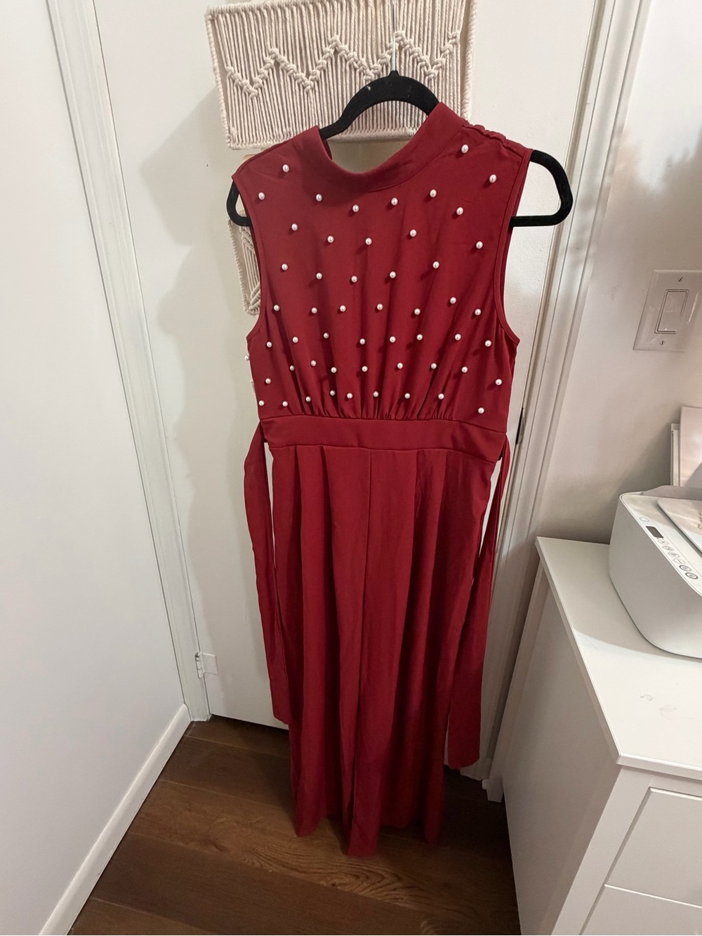 Sleeveless Red Pearl-Embellished Jumpsuit